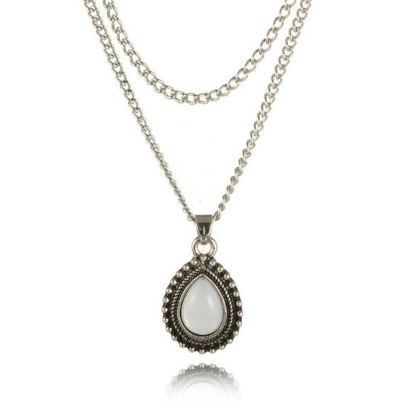 Teardrop Stone Pendant Silver Layered Necklace - Picture 3 of 3